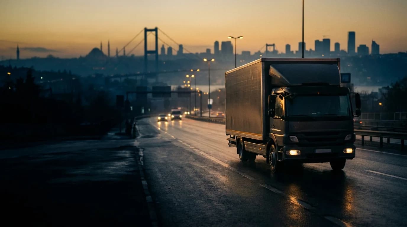 İstanbul'da gün batımında nakliyat kamyonu, Boğaz Köprüsü ve şehir silüeti; evden eve ve şehirlerarası taşımacılık